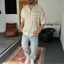پیراهن کتان طوسی با نوار بافت‌دار | BYBASICMAN Gri Örgü Şeritli Keten Gömlek