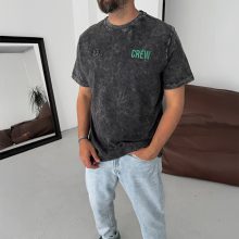 تی‌شرت آستین‌کوتاه اُورسایز یقه گرد با طرح چاپی  | Siyah Yıkamalı Crew Baskılı Oversize T-Shirt