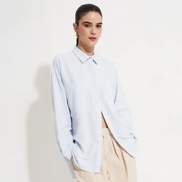 پیراهن زنانه راهراه آبی June یقه کلاسیک، جیبدار | June Mavi Kadın Cep Detaylı Çizgili Dokuma Gömlek پیراهن زنانه راهراه آبی June یقه کلاسیک، جیبدار | June Mavi Kadın Cep Detaylı Çizgili Dokuma Gömlek