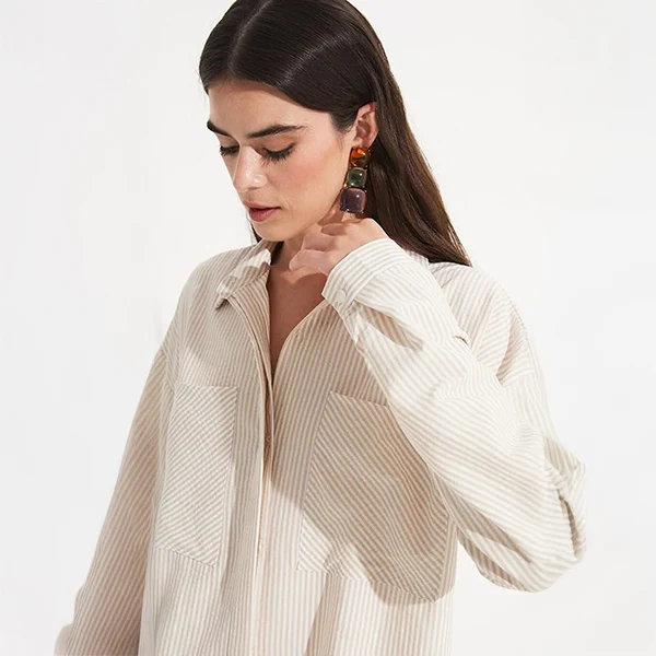 پیراهن زنانه راهراه بژ June | یقه کلاسیک و جیبدار | June Bej Kadın Cep Detaylı Çizgili Dokuma Gömlek پیراهن زنانه راهراه بژ June | یقه کلاسیک و جیبدار | June Bej Kadın Cep Detaylı Çizgili Dokuma Gömlek