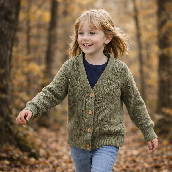 ژاکت بافتنی بچگانه سبز زیتونی June | یقه V دکمهدار، تریکو یونیسکس ژاکت بافتنی بچگانه سبز زیتونی June | یقه V دکمهدار، تریکو یونیسکس